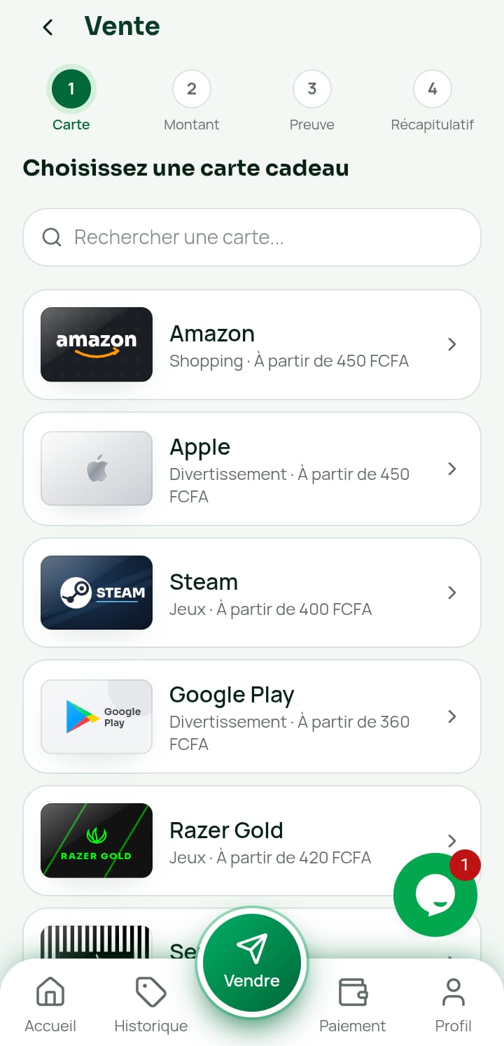 Liste des cartes cadeaux à vendre