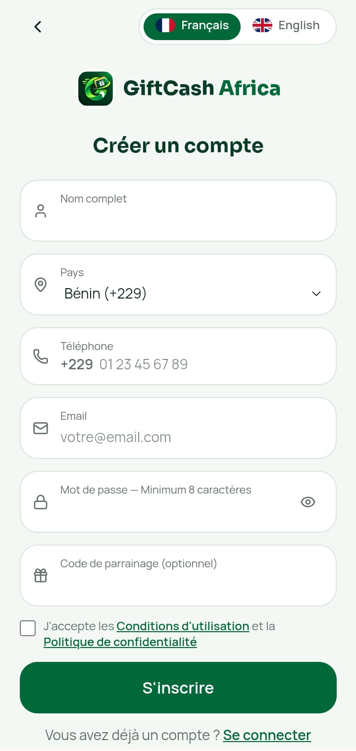 Écran de création de compte